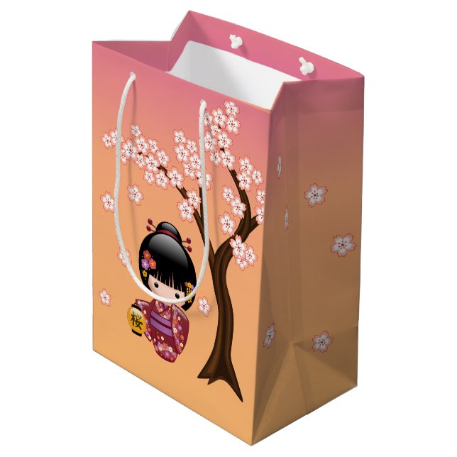 Sakura Kokeshi Doll Niedlich Geisha Girl Orange Mittlere Geschenktüte (Rückseite Schrägansicht)