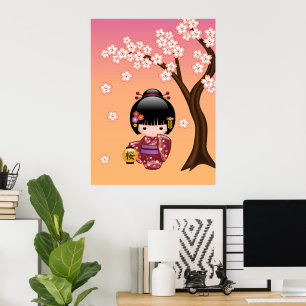 Sakura Kokeshi Puppe - Geisha-Mädchen auf Pfirsich Poster