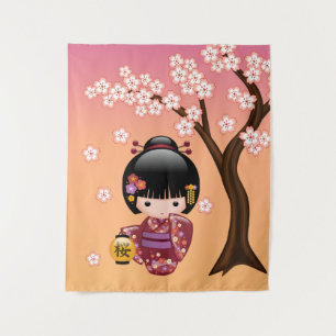 Sakura Kokeshi-Puppe - Geisha-Mädchen auf Pfirsich Wandteppich