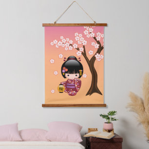 Sakura Kokeshi-Puppe - Geisha-Mädchen auf Pfirsich Wandteppich Mit Holzrahmen