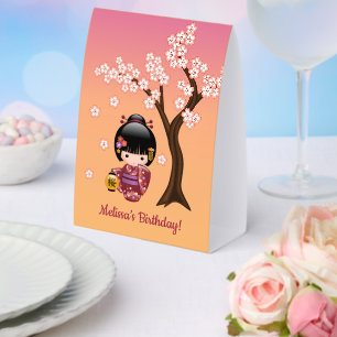 Sakura Kokeshi Puppe Süße Geisha Mädchen Orange Tischaufsteller