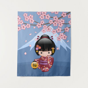 Sakura Kokeshi Puppe - Süße japanische Geisha Mädc Wandteppich