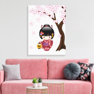 Sakura Kokeshi-Puppe - Süßes japanisches Geisha-Mä Leinwanddruck