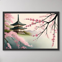 Sakura-Malerei Rosa Japanisch Pagode Gebäude nebel