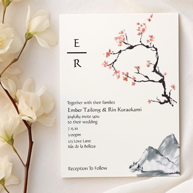Sakura Mountain | Lässig Monogram Wedding Invitati Einladung (Von Creator hochgeladen)