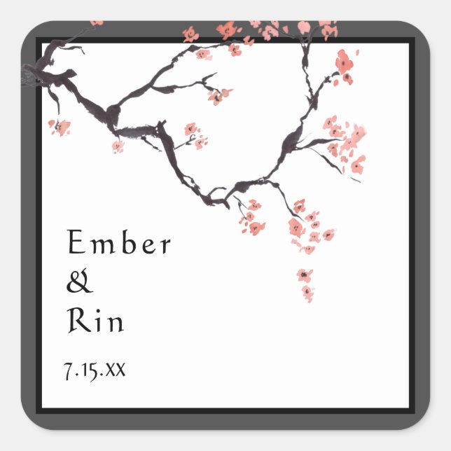 Sakura Mountain | Lässiger Hochzeitsticker Quadratischer Aufkleber (Vorderseite)
