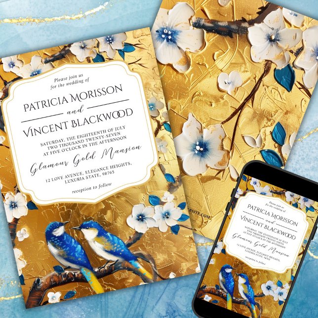 Sakura und Blaue Liebesvögel auf GOLD Wedding Einladung (Von Creator hochgeladen)