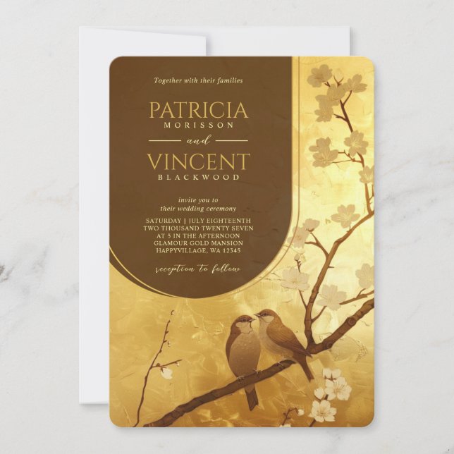 Sakura und liebende Vögel auf GOLD Hochzeit Einladung (Vorderseite)
