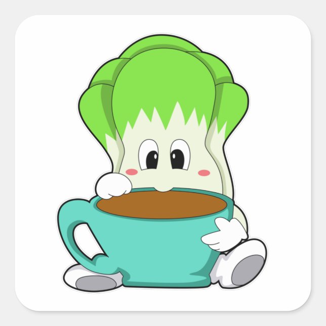 Salat mit Tasse Kaffee Quadratischer Aufkleber (Vorderseite)