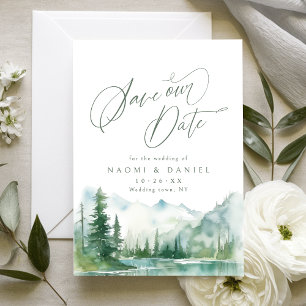 Salbei-Aquarell-Bergwald-Rustikale-Hochzeit Save The Date