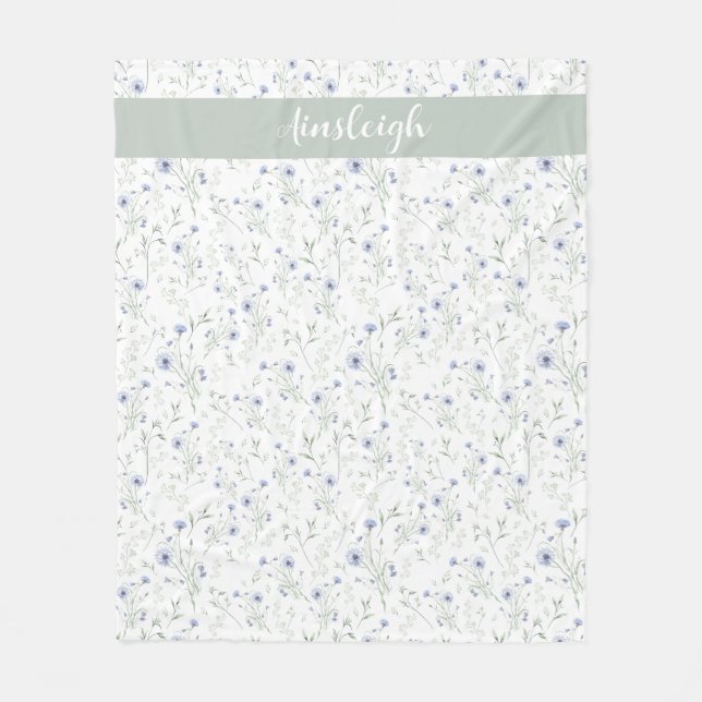 Salbei Blau Wasserfarbe Wildblumen Monogramm Name Fleecedecke (Vorderseite)