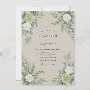 Salbei-Crem-Wasserfarben-Hochzeit mit Blumen Einladung