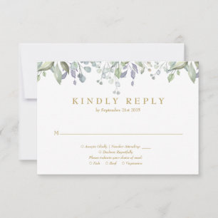 Salbei Flieder Florale Grünpflanzen Gold Hochzeit RSVP Karte