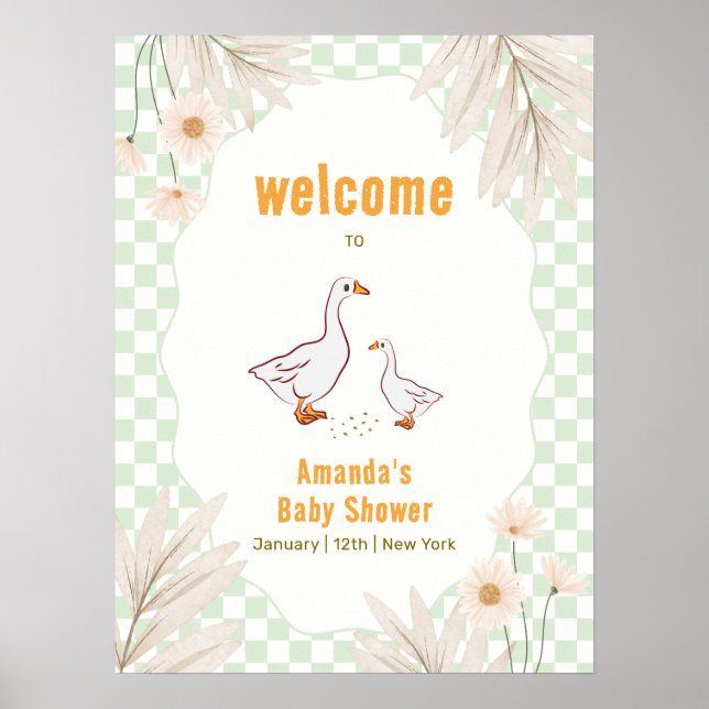 Salbei Gingham Boho Daisy Gans Baby Shower Willkom Poster (Vorne)