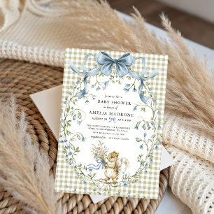 Salbei-Gingham-Wald-Eichhörnchen-Baby-Party Einladung