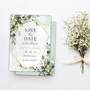 Salbei-Gold-Eukalyptus-Geometrie-Hochzeitstermin Einladung