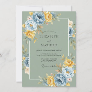 Salbei Goldenblaue Blumige Hochzeit Einladung