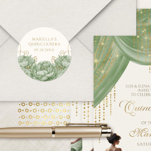 Salbei-Grün-Blumen-Elegante Quinceanera Runder Aufkleber