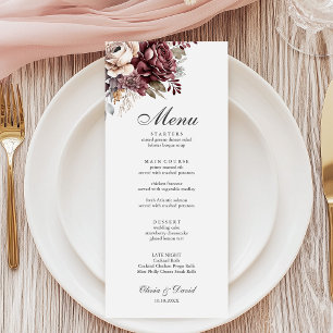 Salbei-Grün & Burgunderrote Florale Hochzeitsmenü Menükarte