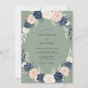 Salbei-Grün: Elegante Navy-Blumenhochzeit Einladung