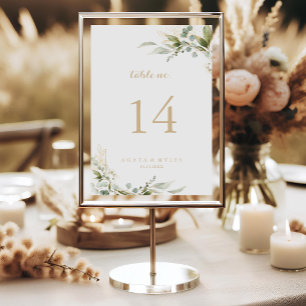 Salbei-Grün-Eukalyptus-Gold-Kalligrafie-Hochzeit Tischnummer