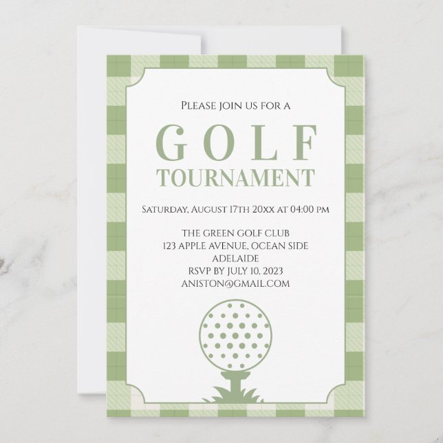 Salbei-Grün-Gingham-Golfturnier Einladung (Vorderseite)