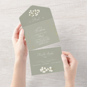 Salbei-Grün-Gold-Blätter-Grünzeug-Hochzeit Alles i All In One Einladung