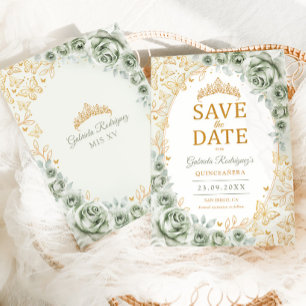 Salbei-Grün-Gold-Blumen-Quinceanera Save The Date
