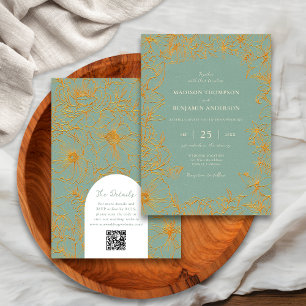 Salbei Grün Gold Blumenbogen RSVP QR Code Hochzeit Einladung