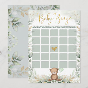 Salbei-Grün-Gold-Teddybär-Bingo-Baby-Shower-Spiel Einladung