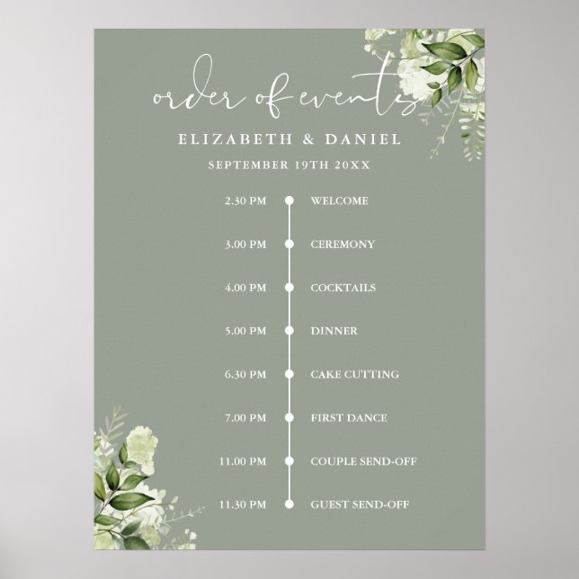 Salbei-Grün-Hochzeitsablauf-Schild Poster (Vorne)