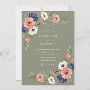 Salbei-Grün-Navy-Anemone-Elegante Hochzeit Einladung
