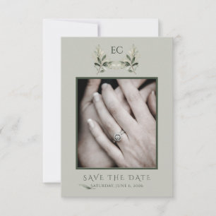Salbei-Grün-Olivenzweig-Monogramm-Foto-Hochzeit Save The Date