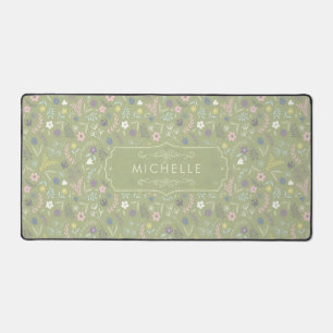 Salbei Grün Rosa Weiße Blumen Florales Boho Muster Schreibtischunterlage
