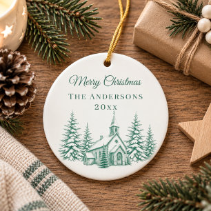 Salbei-Grün-Toile-Kirche-Weihnachten Keramik Ornament