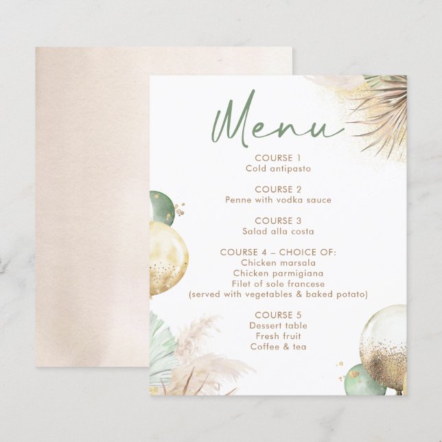 Salbei-Grün und Beige Boho-Menükarten (Vorne/Hinten)