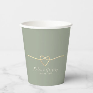 Salbei-Grün und Gold Herz Hochzeitspapierbecher Pappbecher