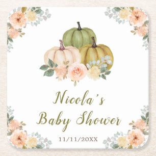 Salbei-Grün und Pfirsich-Blumen-Kürbisse Baby Show Rechteckiger Pappuntersetzer