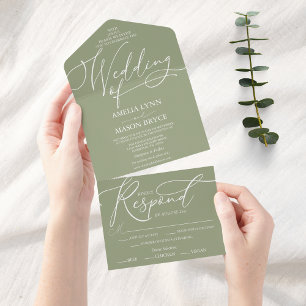 Salbei Grün und Weiß Kalligraphie Schrift Hochzeit All In One Einladung