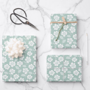 Salbei Grün Weiße Boho Blumen Baby Shower Geburtst Geschenkpapier Set