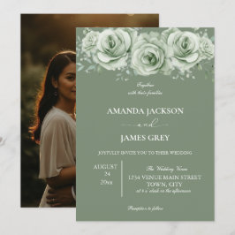 Salbei-Grün Weiße Florale Foto-Rückseite Hochzeit Einladung