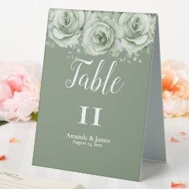 Salbei-Grün Weiße Florale Hochzeit Tischnummernzel Tischaufsteller