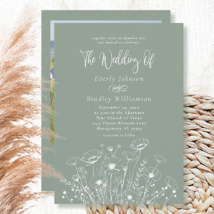 Salbei-Grün-Wildblumen-eleganter-QR-Code-Hochzeit Einladung