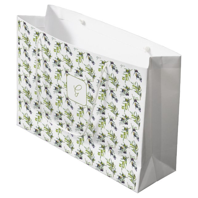 Salbei-Grüne-Oliven-Wasserfarbe-Monogramm-Name Große Geschenktüte (Vorderseite Schrägansicht)