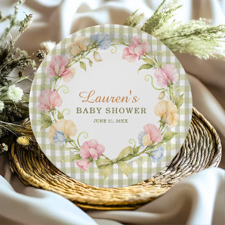 Salbei-Grüner-Gingham-Blumen-Süße-Erbsen-Baby-Part Pappteller