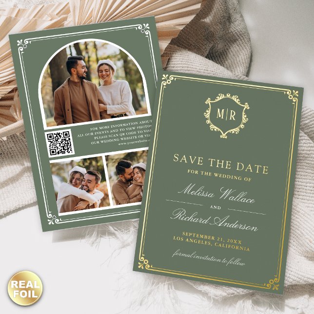 Salbei-Grüner QR-Code-Foto-Hochzeit Termin Karte (Von Creator hochgeladen)