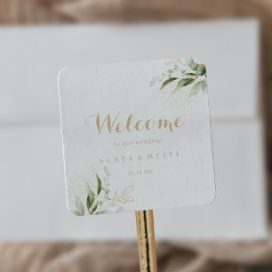 Salbei Grünzeug Eukalyptus Gold Hochzeit Willkomme Quadratischer Aufkleber