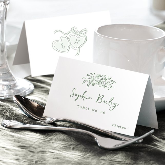 Salbei-Handgezeichnete florale faltbare Platzkarte Tischnummer (Sage Hand Drawn Floral Foldable Place Card)