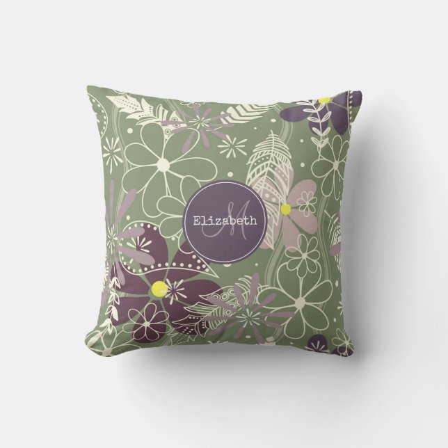 Salbei lila Pflaumenleder Federn Blume Muster Kissen (Vorderseite)