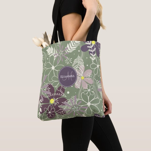 Salbei lila Pflaumenleder Federn Blume Muster Tasche (Von Nahem)